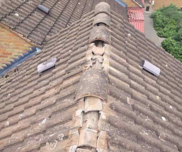 This is a photo if a roof ridge which has missing tiles. The ridge tiles are being replaced by KJ Roofing Crofton